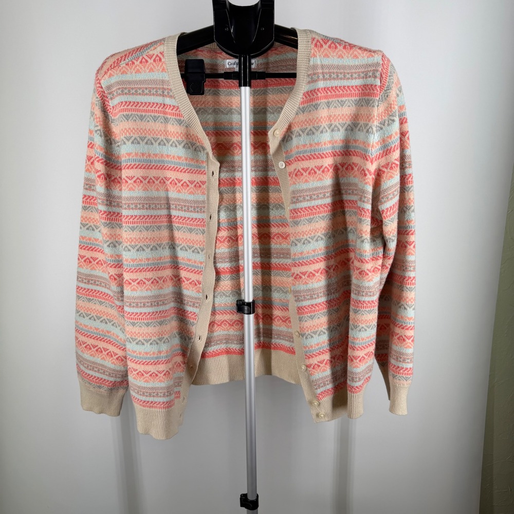 Croft & Barrow Womens XL Cardigan Sweater Fair Isle Geometric Coral Blue‎ Knit